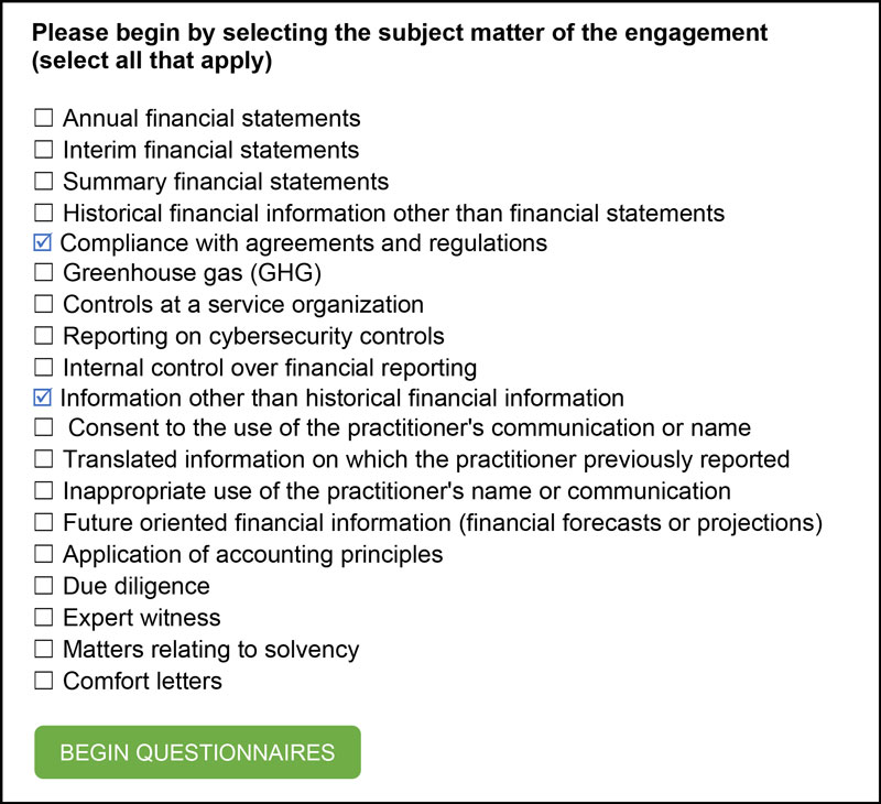 Screenshot showing clickable bulleted list of possible subject matters of engagements.