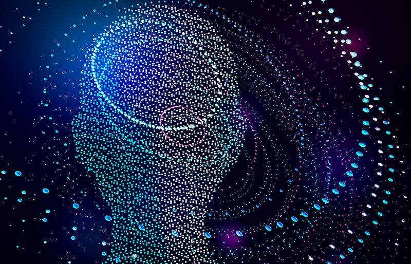 Montage graphique d’une silhouette de tête dont l’intérieur est composé de petites bulles de couleurs qui circulent aussi autour dans le vide