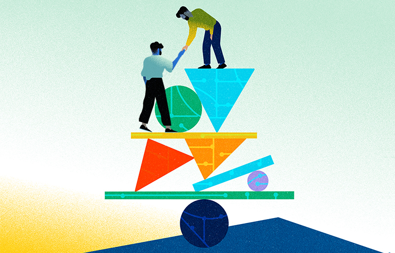 Illustration of two people balancing on a pile of brightly coloured geometric shapes.