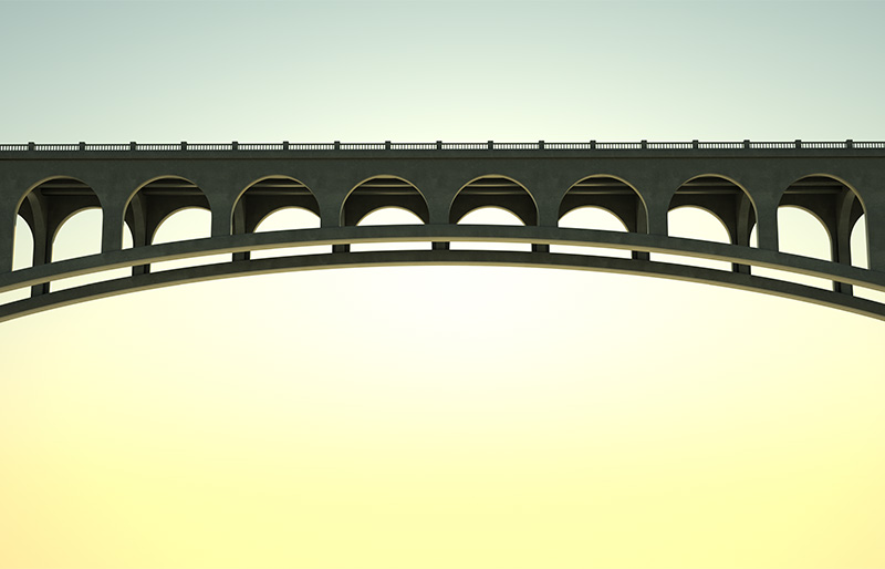 Side view of a concrete bridge with sunset sky. This image contains copy space for your image or message.Could be useful in a bridge metaphor composition.This is a detailed 3d rendering.