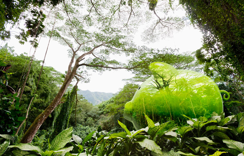 Image graphique d’une forêt avec une silhouette d’une tirelire grandeur nature qui est camoufflée dans le paysage.