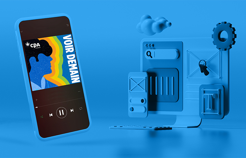 Montage graphique sur un arrière-plan de couleur bleu avec un téléphone intelligent qui affiche le logo Voir Demain et qui est entouré d’objets technologiques.