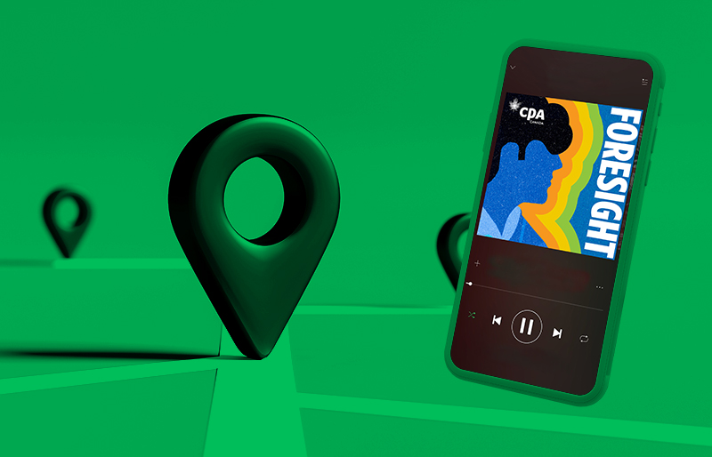 Green map location icon and smartphone with Foresight logo.