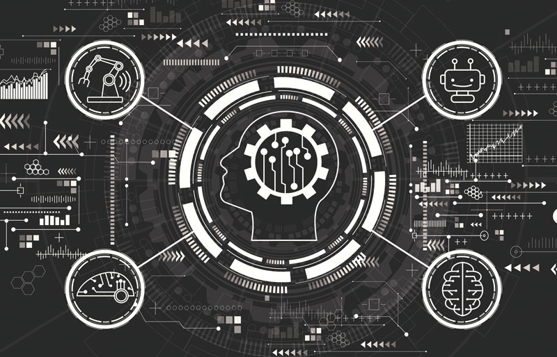 Illustration of tech and industrial symbols surrounding a human head silhouette.