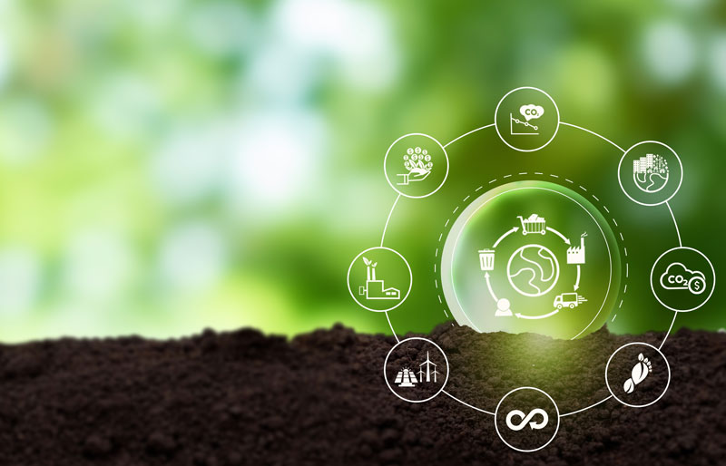 Value chain icons superimposed over soil and greenery.