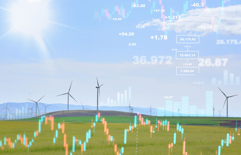 Field with wind turbines, financial information superimposed.