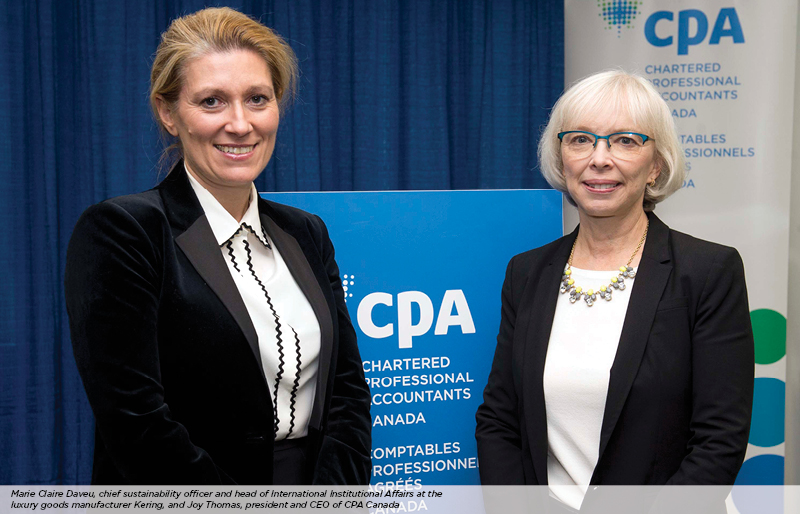 Marie Claire Daveu, Chief Sustainability Officer and Head of International Institutional Affairs at the luxury goods manufacturer, Kering and Joy Thomas, President and CEO of CPA Canada. 