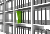 A photograph of shelving holding grey binders with one green one pulled out half way. 