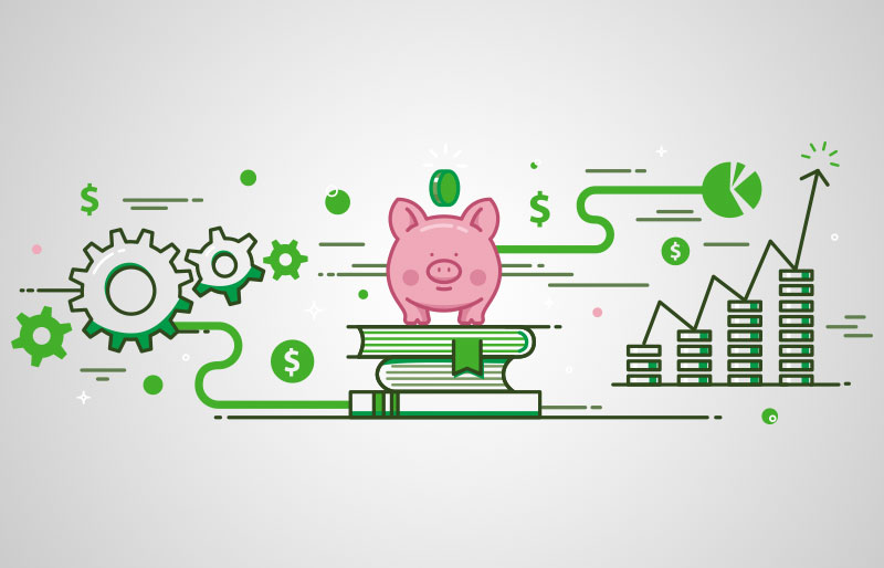 Illustration of pink piggy bank surrunded by books, gears, and ascending stacks of coins.