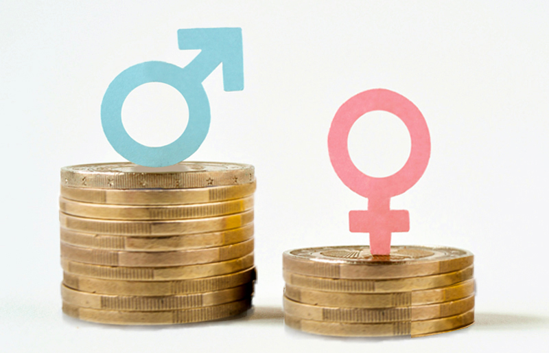 The symbol for male sitting on a stack of coins, beside  the symbol for female, sitting on a smaller stack of coins