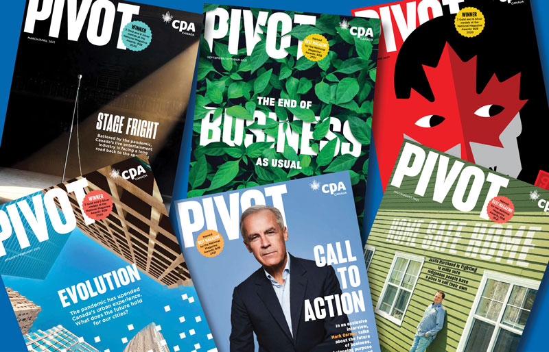Top view of six issues of Pivot magazine.