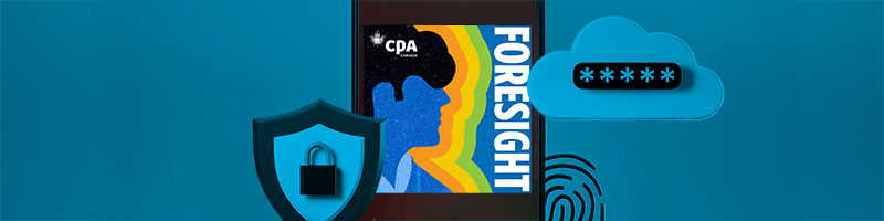 Illustration of a smart phone displaying Foresight podcast symbol, surrounded by 3 security icons.