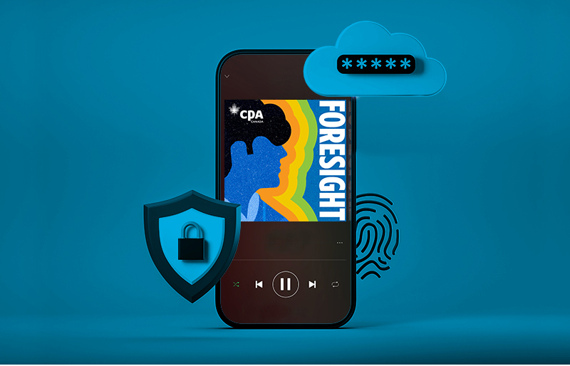 Illustration of a smart phone displaying Foresight podcast symbol, surrounded by 3 security icons.