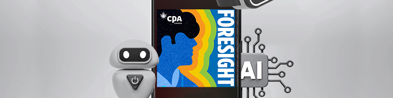 Smartphone displaying the Foresight logo, surrounded by illustrations representing artificial intelligence.