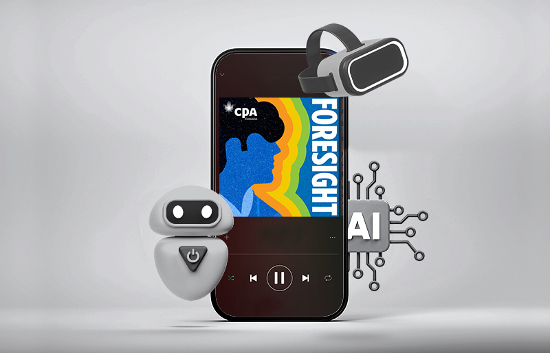 Smartphone displaying the Foresight logo, surrounded by illustrations representing artificial intelligence.