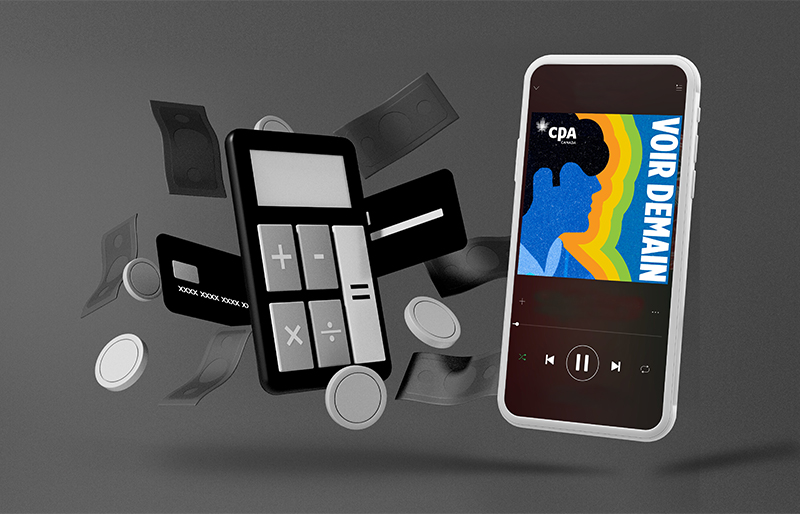 Illustration d’un téléphone intelligent avec une calculatrice, de la monnaie et une carte de crédit.