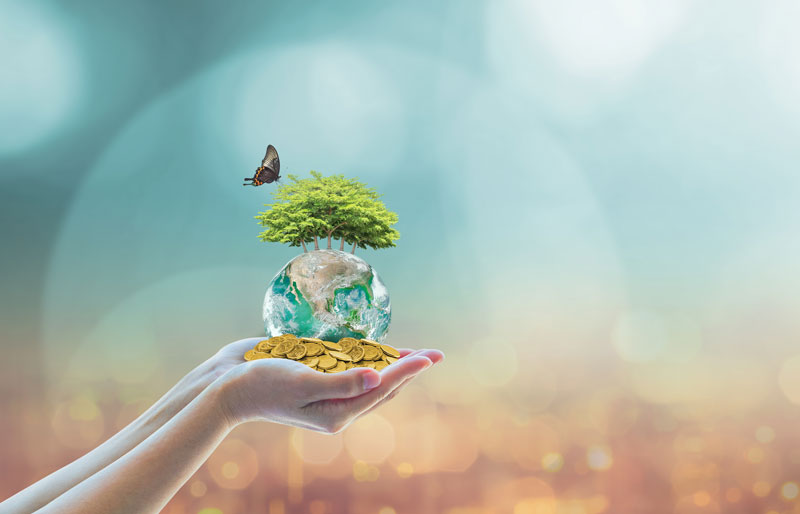Montage graphique d'une main qui tient des pièces de monnaie avec un globe en verre, un arbre et un papillon volant au-dessus.