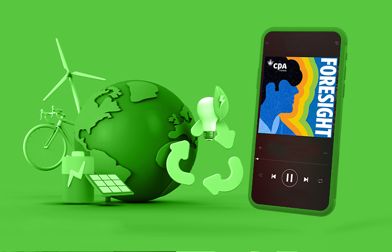 Smartphone and globe with sustainability icons on green background.