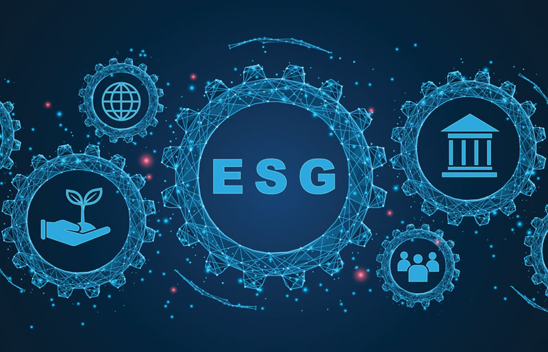 Illustration showing cogwheels with ESG icons.