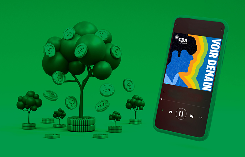 Montage graphique d'un arbre avec des pièces et d'un smartphone qui affiche le logo Voir Demain