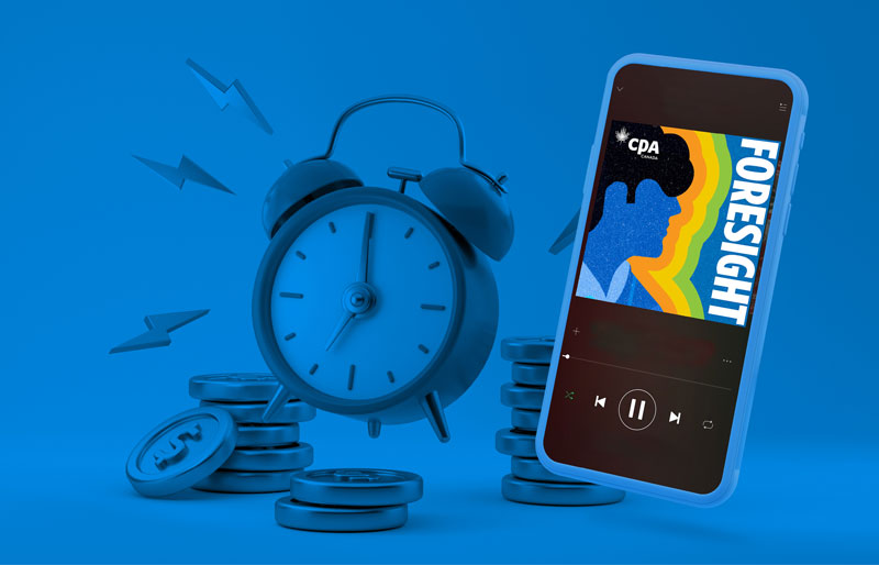 Illustration of a smart phone with alarm clock and coins.