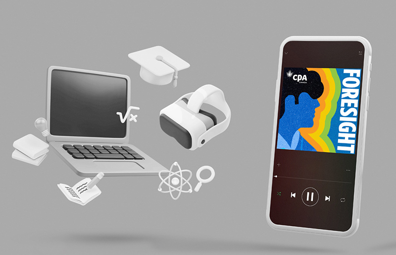 Illustration of smart phone beside laptop with technology learning icons.