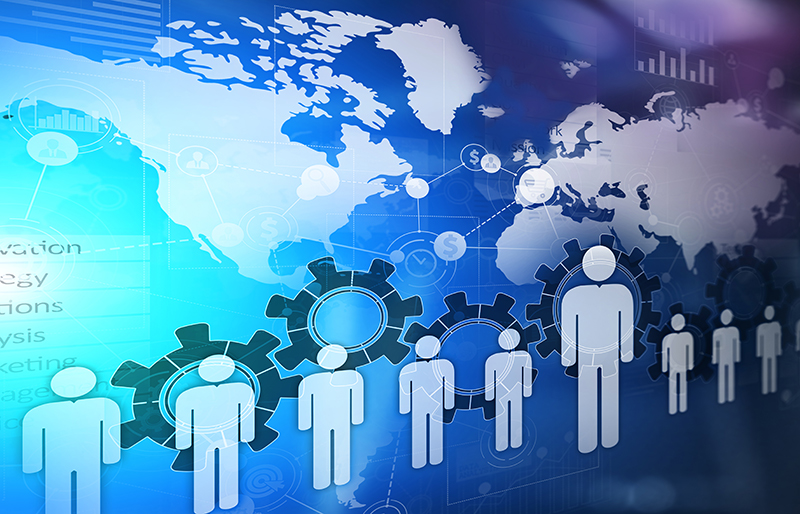 Row of people icons against a globe background, with gear and business icons 