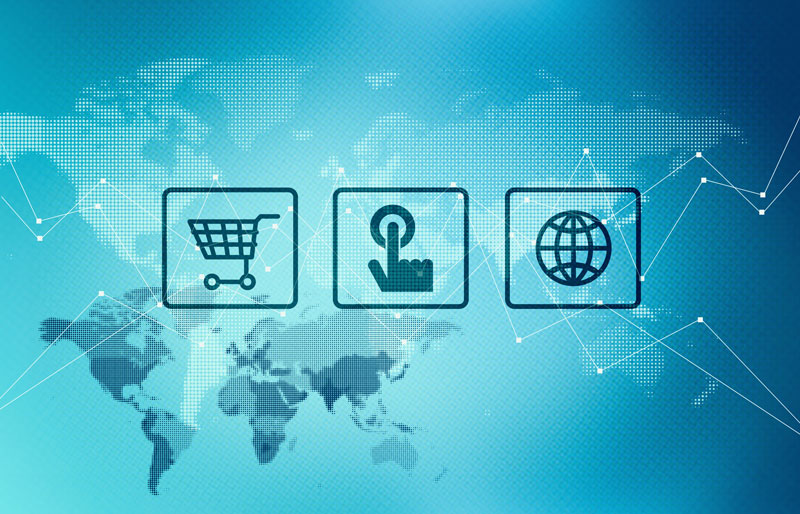 Montage graphique d’icônes d’un panier d’achat, d’un doigt sur un écran tactile et d’un globe avec une image d’une carte du monde en arrière-plan